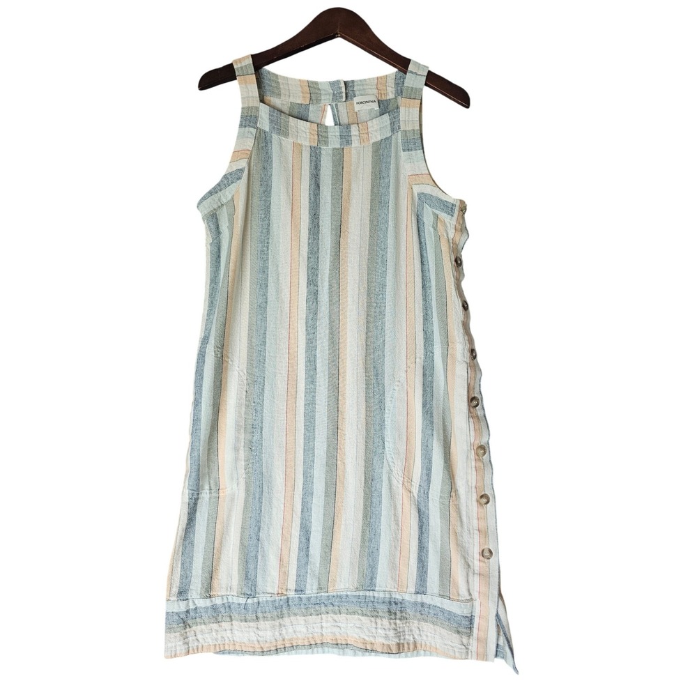 For Cynthia Linen Sleeveless Striped Casual Dress Button Trim Dress w/ Pockets M